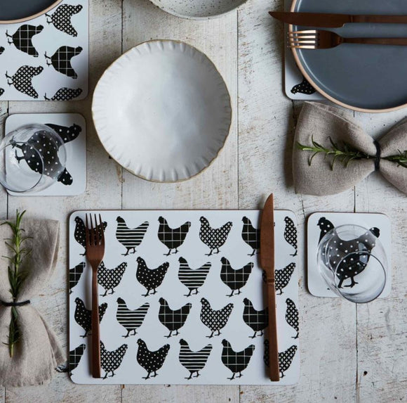Charming Chooks Cork Backed Placemats Set of 4 | Black & White